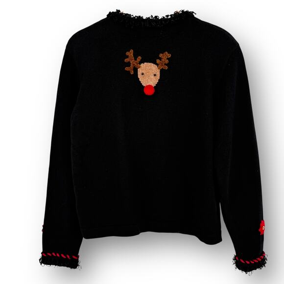 Jack B Quick Reindeer Christmas Cardigan Sweater Sz Medium Pom Pom Jingle Bells - Picture 5 of 6